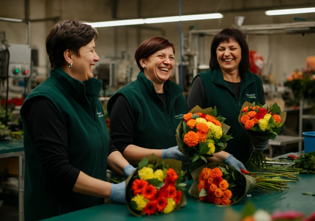 Drie medewerkers van Ruigrok staan lachend samen in de productieruimte terwijl ze kleurrijke boeketten met oranje, gele en rode bloemen samenstellen.