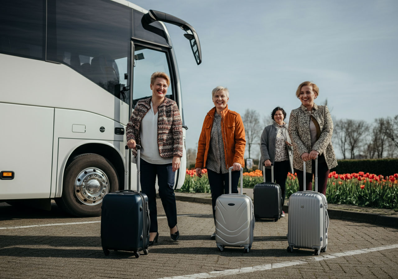 Vier medewerkers van Ruigrok arriveren met koffers bij een touringcar. Ze lachen terwijl ze over het parkeerterrein lopen, met bloeiende tulpen op de achtergrond